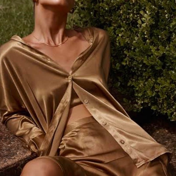 DISSH Tops - DISSH Simone Pearl Satin Shirt in Golden Olive Chartreuse Size 6